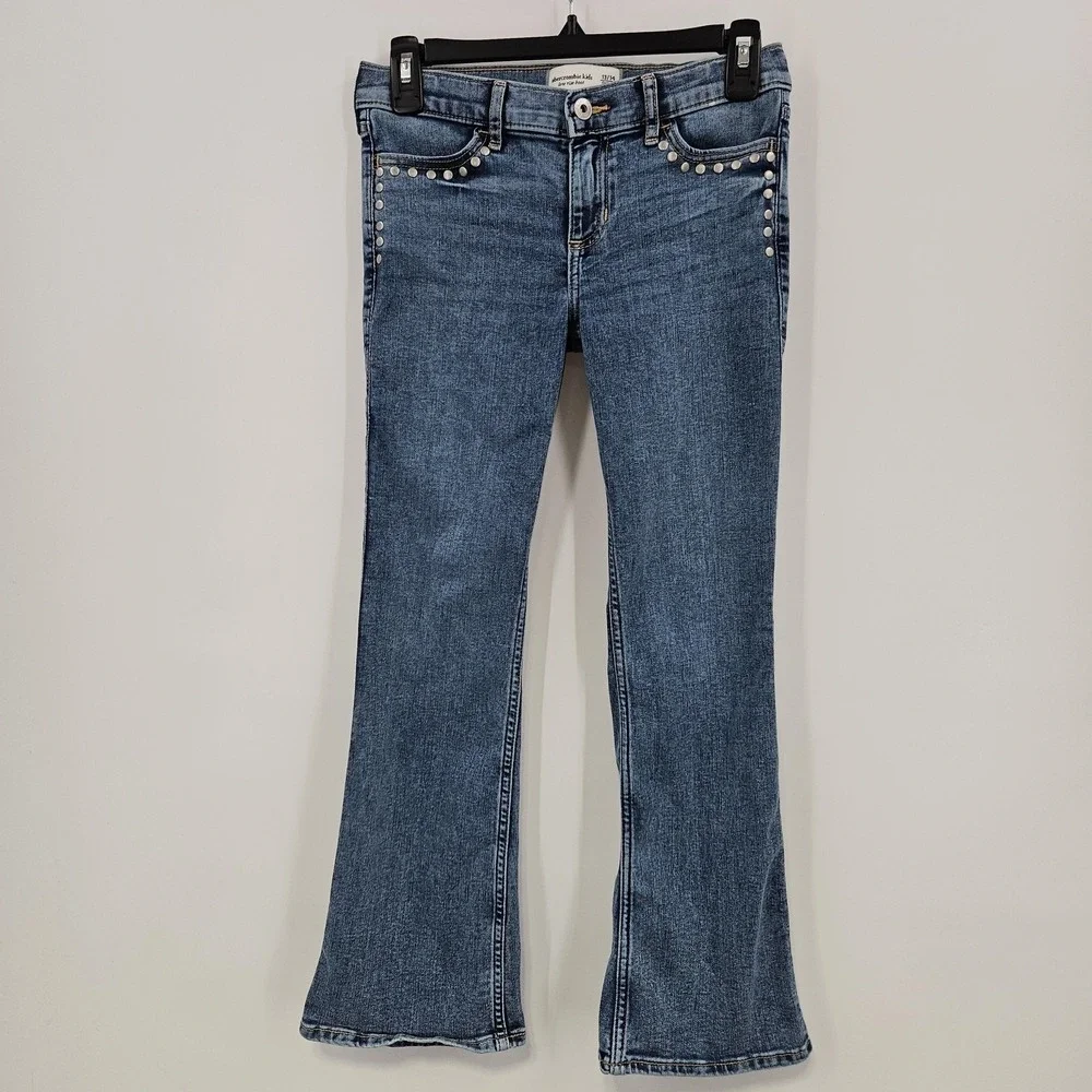 Abercrombie Kids Jeans Tween Girls 13/14 Short Blue Low‎ Rise Bootcut Studded